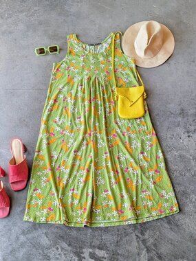 Gudrun Sjoden Green Floral Tank Midi Shift Dress with Pockets medium